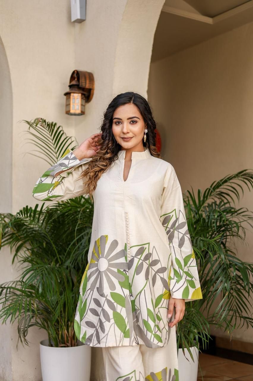 Cotton White Yellow Green Floral Cord-Set